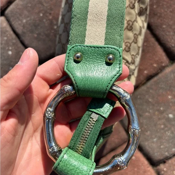 Vintage Gucci Shoulder Bag GG Pattern Bamboo 131036 Beige Brown Green Leather - Picture 9 of 16